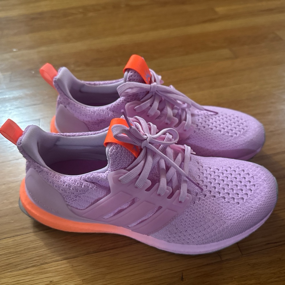 Adidas ultraboost 5.0 DNA running shoes in colors bliss lilac and beam orange